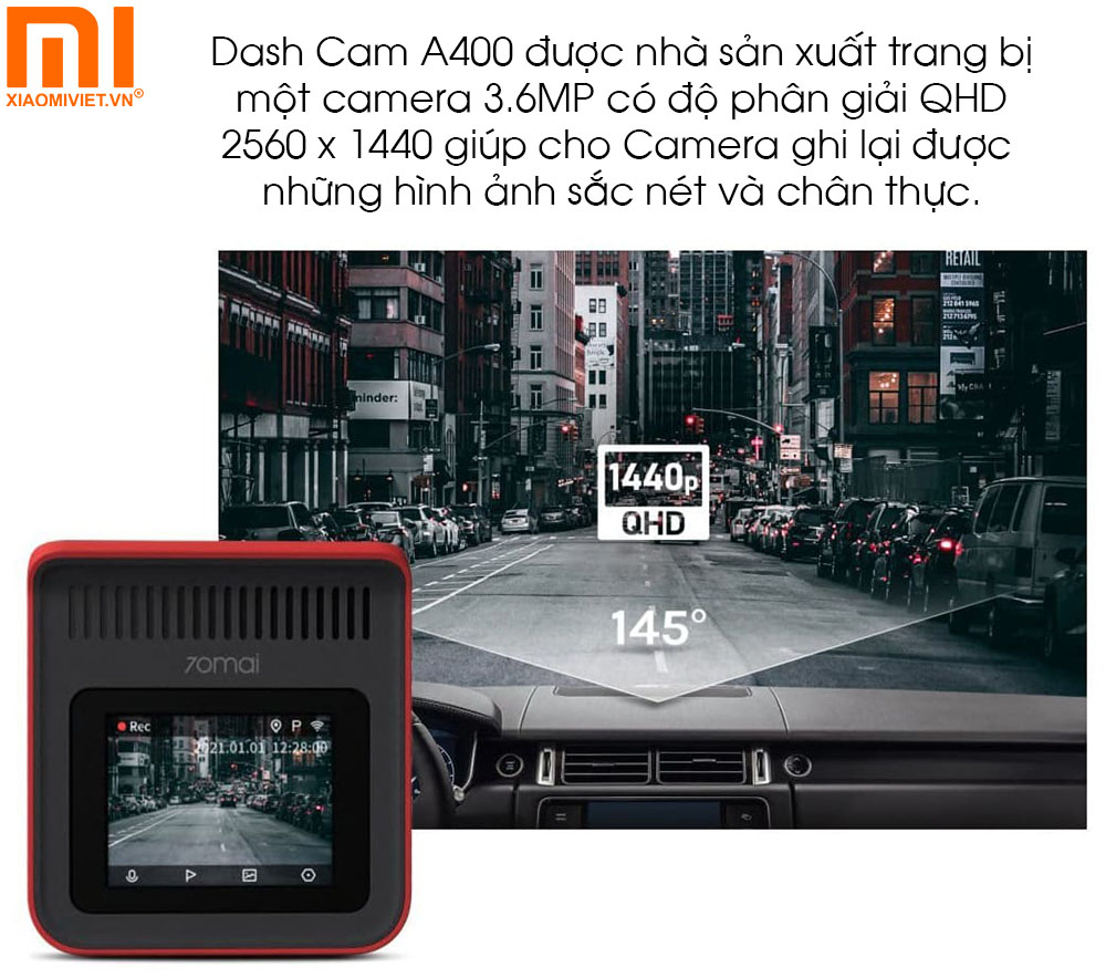 Xiaomi 70mai Dash Cam A400 trang bị độ phân giải QHD 1440P