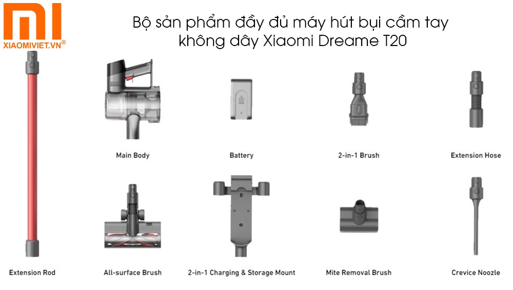Bộ sản phẩm đầy đủ máy hút bụi cầm tay không dây Xiaomi Dreame T20