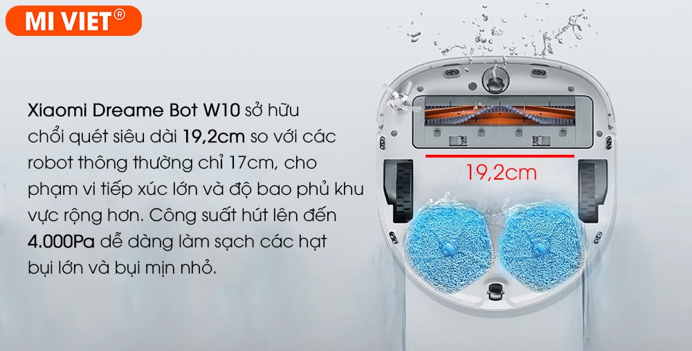 Xiaomi Dreame Bot W10 sở hữu chổi quét siêu dài 19,2cm - Lực hút 4000Pa