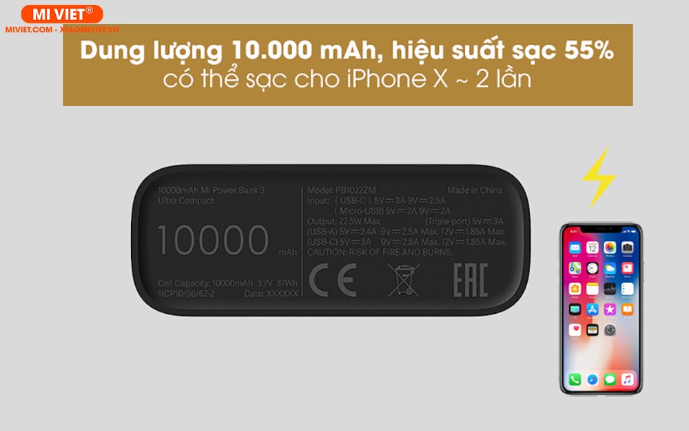 Sạc dự phòng Xiaomi Mi 3 Ultra Compact 10000mAh sạc xấp xỉ 2 lần cho iphone X